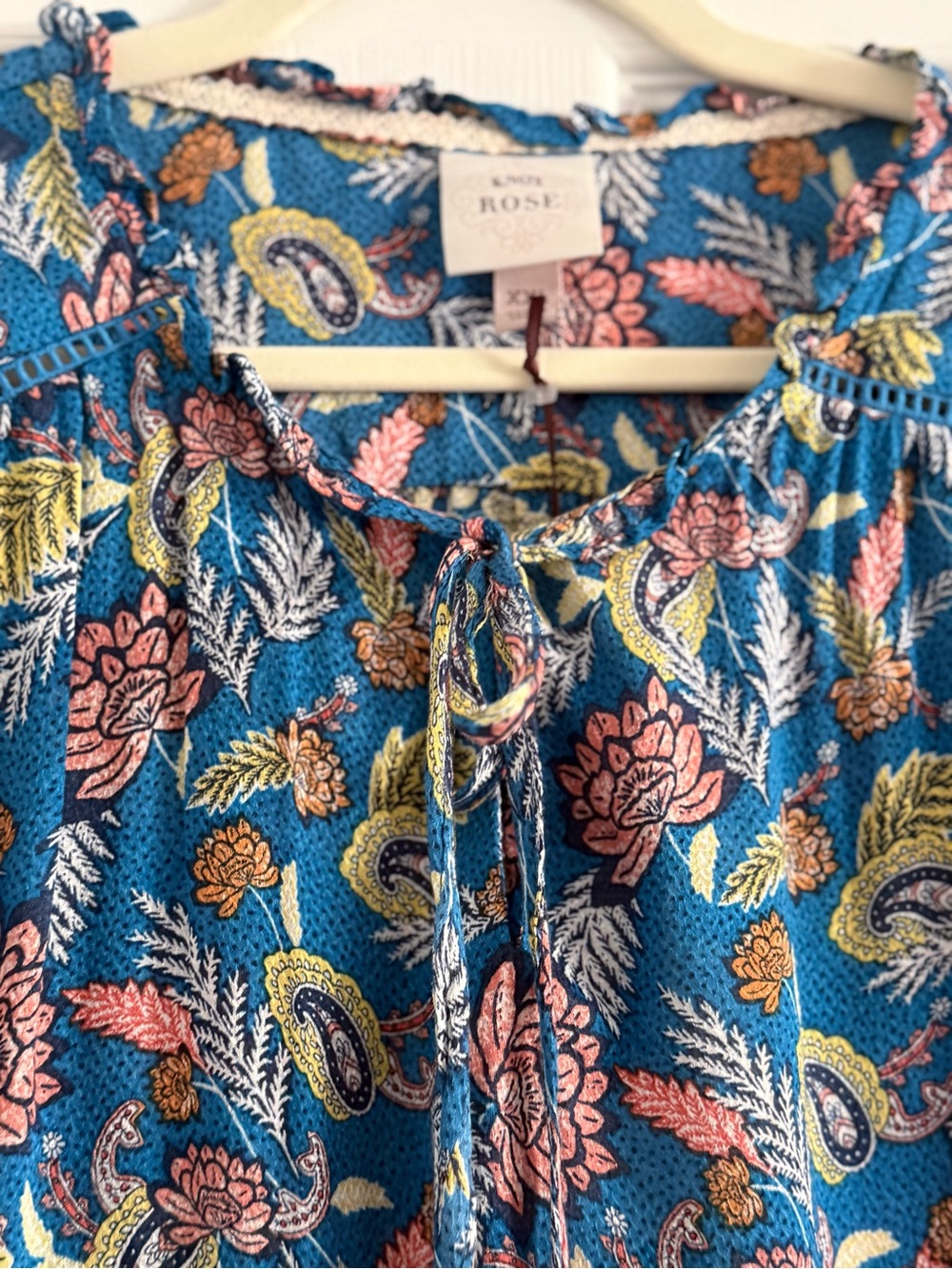 Knox Rose Blue Floral Ruffle Sleeve Tie-Neck Blouse XXL - Picture 8 of 11